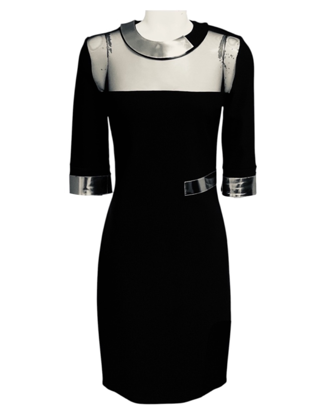 MUGLER BLACK STRETCH KNIT BODYCON MIDI DRESS WITH SILVER TRIM
